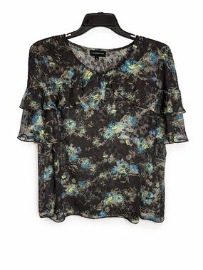 Lane Bryant Sheer Floral Blouse Size 22 Black Blue Ruffle Sleeve Boho Plus Sz.22